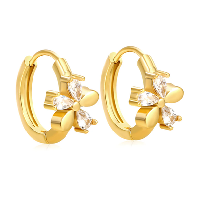 Tresoli Stainless Steel Gold Color PVD Flower Shaped Three White Zirconia Earrings