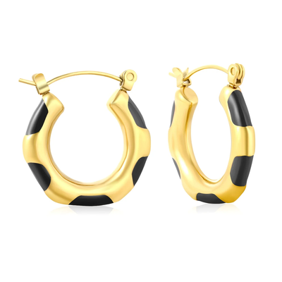 Tresoli Stainless Steel Gold Color PVD Black Bamboo Knot Drop Earrings