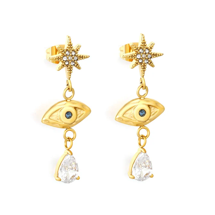 Tresoli Stainless Steel Gold Color PVD Eight-Pointed Star Marquise and Diamond Drop Earrings