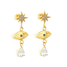Load image into Gallery viewer, Tresoli Stainless Steel Gold Color PVD Eight-Pointed Star Marquise and Diamond Drop Earrings