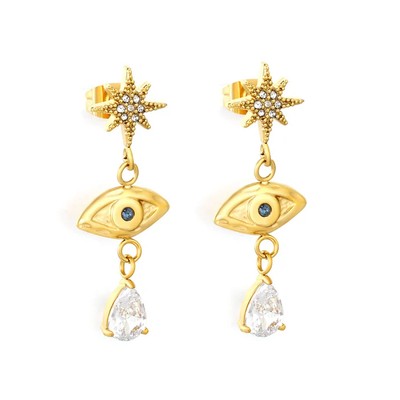Tresoli Stainless Steel Gold Color PVD Eight-Pointed Star Marquise and Diamond Drop Earrings