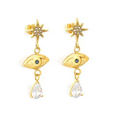 Tresoli Stainless Steel Gold Color PVD Eight-Pointed Star Marquise and Diamond Drop Earrings