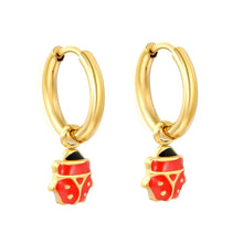 Load image into Gallery viewer, Stainless Steel Gold Color PVD Seven Star Design Ladybug Enamel Hoop Earrings
