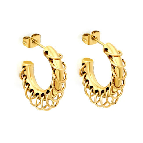 Stainless Steel Gold Color PVD C Shape Hoop Earrings With Dangling Chain Rings