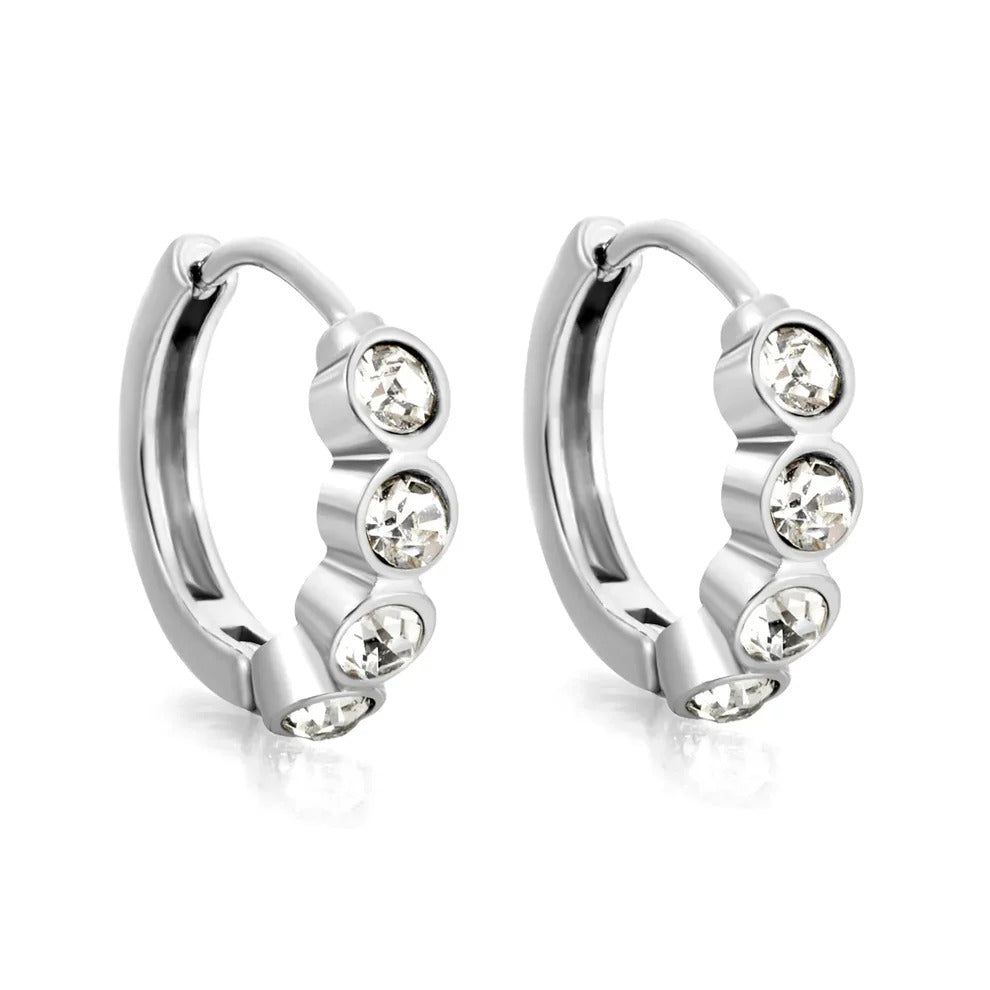 Tresoli Stainless Steel Color PVD Round Rhinestones Wire Inner Hoop Earrings
