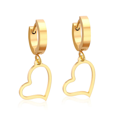Tresoli Stainless Steel Gold Color PVD Round Hoop Heart Drop Earrings