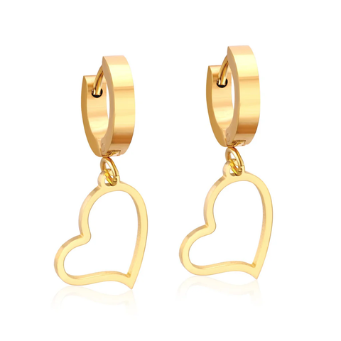 Stelluxe Stainless Steel Gold Color PVD Round Hoop Heart Drop Earrings