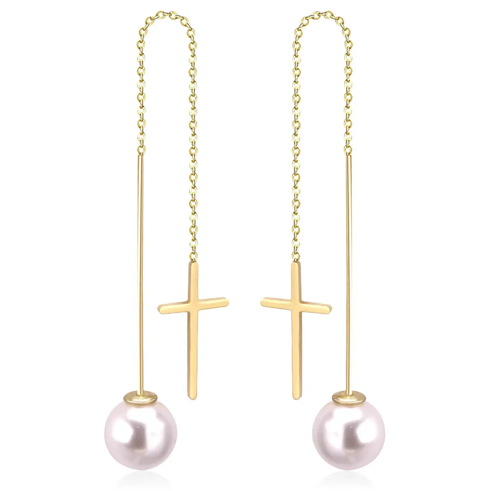 Tresoli Stainless Steel Gold Color PVD Fashion Cut Stud Earrings With White Pearls