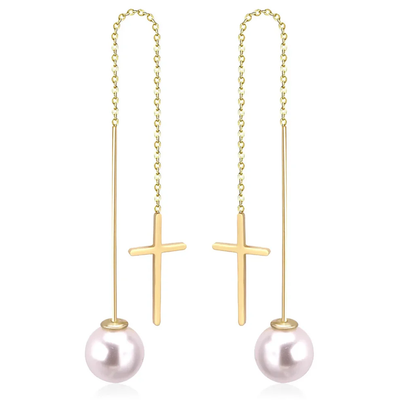 Tresoli Stainless Steel Gold Color PVD Fashion Cut Stud Earrings With White Pearls