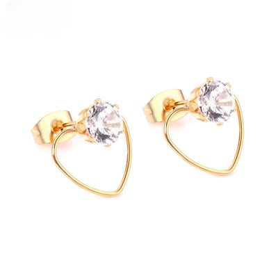 Tresoli Stainless Steel Gold Color PVD Heart Round Cubic Zirconia Piercing Stud Earrings