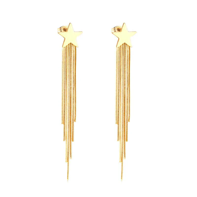 Tresoli Stainless Steel Gold Color PVD Star Drop Long Dangle Earrings