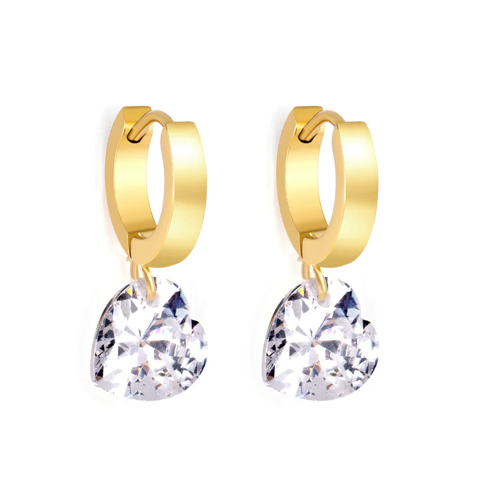 Tresoli Stainless Steel Gold Color PVD Heart Shaped Diamonds Earrings