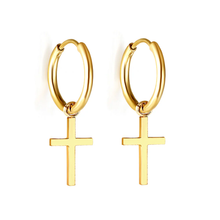 Load image into Gallery viewer, Tresoli Stainless Steel Gold Color PVD Circle With Cross Earrings
