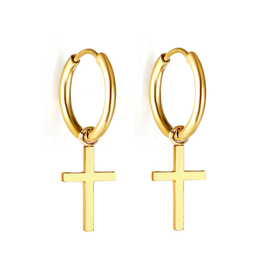 Tresoli Stainless Steel Gold Color PVD Circle With Cross Earrings