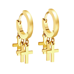 Tresoli Stainless Steel Gold Color PVD Circle With 3 Crosses Earrings