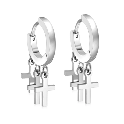 Tresoli Stainless Steel Color PVD Circle With 3 Crosses Earrings
