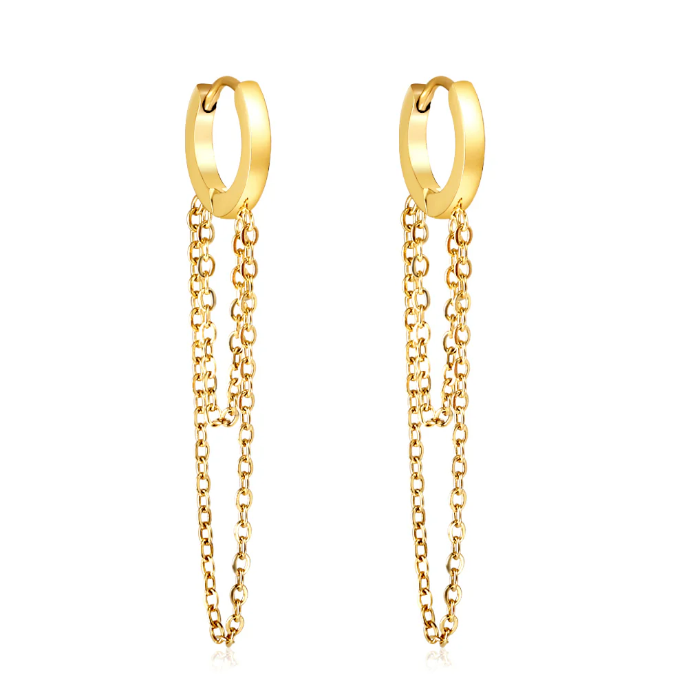 Tresoli Stainless Steel Gold Color PVD Circle With Double Chain Earrings