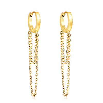 Tresoli Stainless Steel Gold Color PVD Circle With Double Chain Earrings