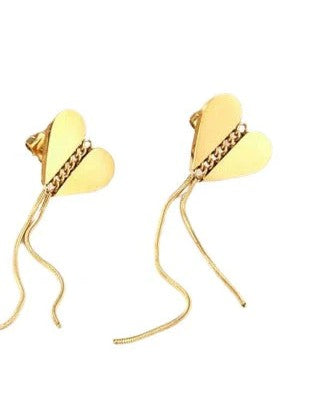 Stainless Steel Gold Color PVD Lightning Drop Heart Tassel Earrings