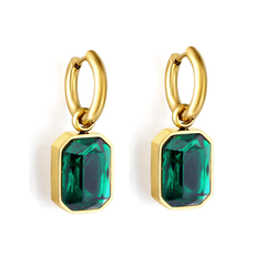 Tresoli Stainless Steel Gold Color PVD Circle with Green Diamonds Earrings