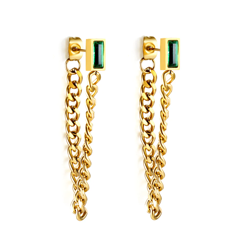 Tresoli Stainless Steel Gold Color PVD Rectangular Green Diamond Earrings With Matching Chain