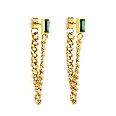 Tresoli Stainless Steel Gold Color PVD Rectangular Green Diamond Earrings With Matching Chain