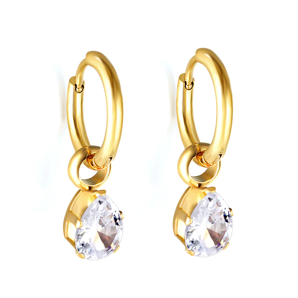 Tresoli Stainless Steel Gold Color PVD Circle With White Diamond Teardrop Shaped Earrings