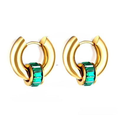Tresoli Stainless Steel Gold Color PVD Circle With Green Diamond Hoop Earrings
