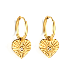 Tresoli Stainless Steel Gold Color PVD Circle With Heart White Diamond Stud Earrings
