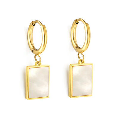 Tresoli Stainless Steel Gold Color PVD Circle With Rectangular White Shell Stud Earrings