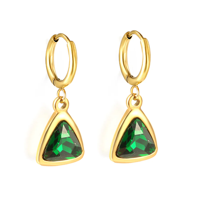 Tresoli Stainless Steel Gold Color PVD Circle With Triangle Green Diamond Stud Earrings