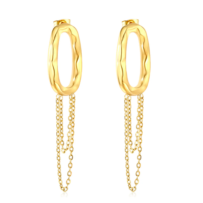 Tresoli Stainless Steel Gold Color PVD Oval Hoop Earrings With Tassels Chain
