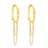 Tresoli Stainless Steel Gold Color PVD Oval Hoop Earrings With Tassels Chain