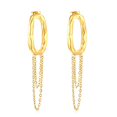 Tresoli Stainless Steel Gold Color PVD Oval Hoop Earrings With Tassels Chain