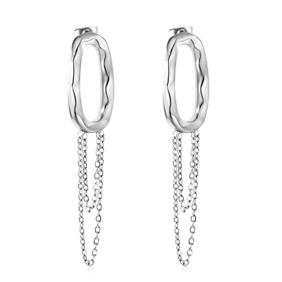 Tresoli Stainless Steel Color PVD Oval Hoop Earrings With Tassels Chain