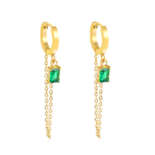 Load image into Gallery viewer, Tresoli  Stainless Steel Gold Color PVD Ear Hook Green Cubic Zirconia Tassel Earrings