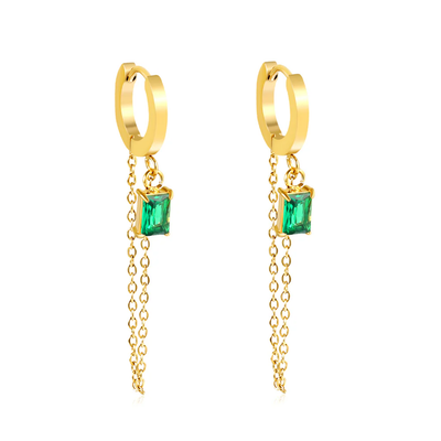 Tresoli  Stainless Steel Gold Color PVD Ear Hook Green Cubic Zirconia Tassel Earrings