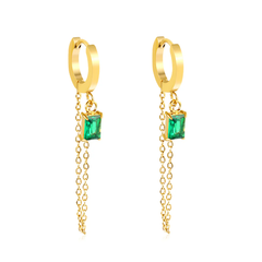 Tresoli  Stainless Steel Gold Color PVD Ear Hook Green Cubic Zirconia Tassel Earrings