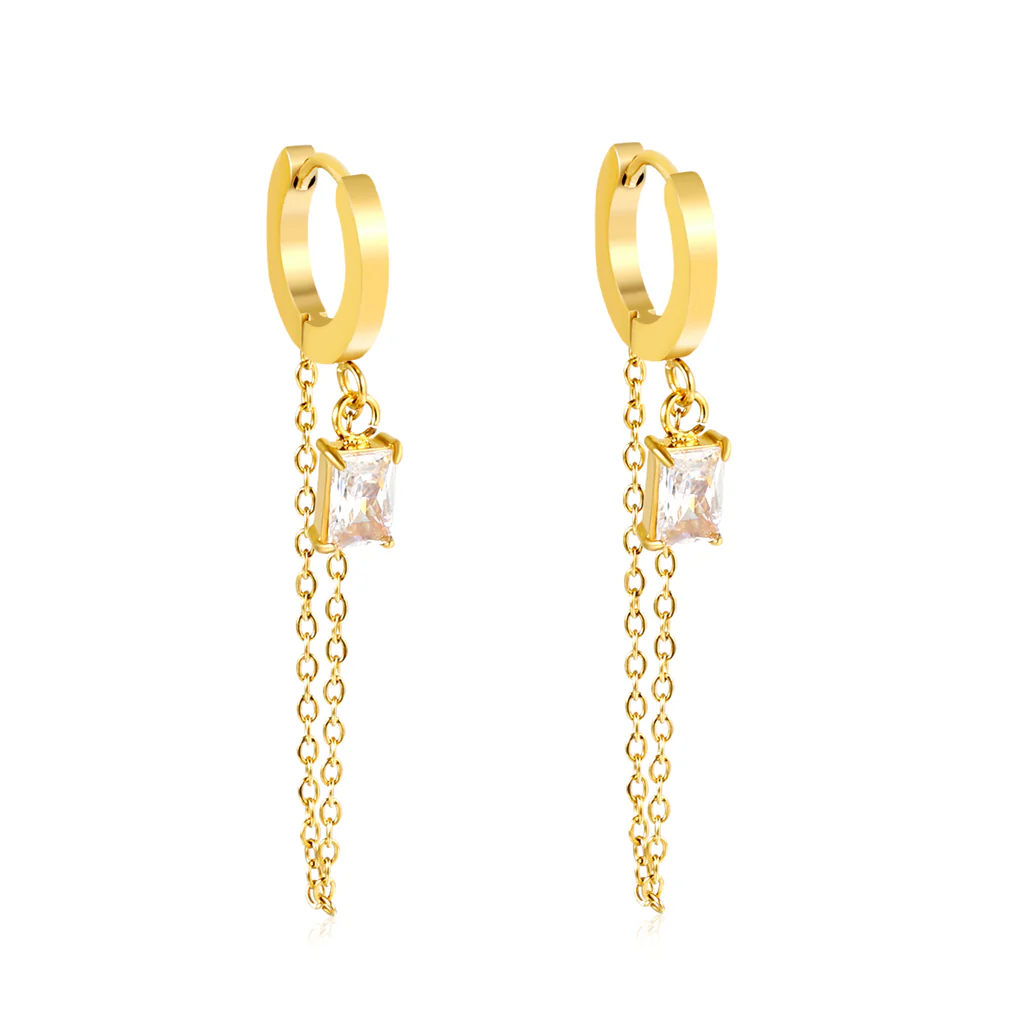 Tresoli Stainless Steel Gold Color PVD Ear Hook White Cubic Zirconia Tassel Earrings