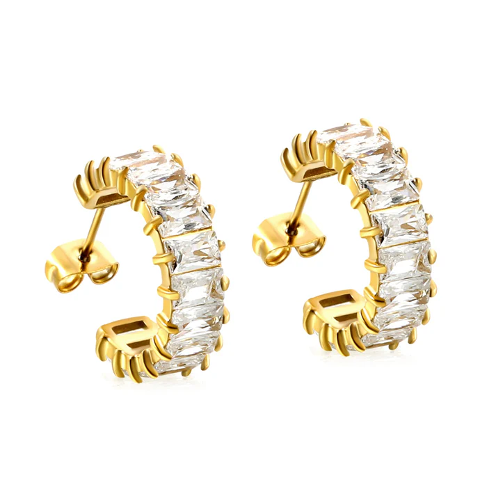 Tresoli Stainless Steel Gold Color PVD C Shape With Two Catch Baguette White Diamond Stud Earrings