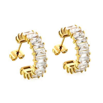 Tresoli Stainless Steel Gold Color PVD C Shape With Two Catch Baguette White Diamond Stud Earrings