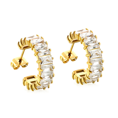Tresoli Stainless Steel Gold Color PVD C Shape With Two Catch Baguette White Diamond Stud Earrings