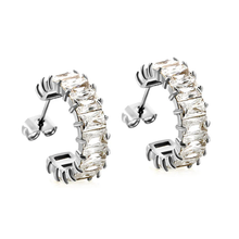 Load image into Gallery viewer, Stelluxe Stainless Steel Color PVD C Shape With Two Catch Baguette White Diamond Stud Earrings