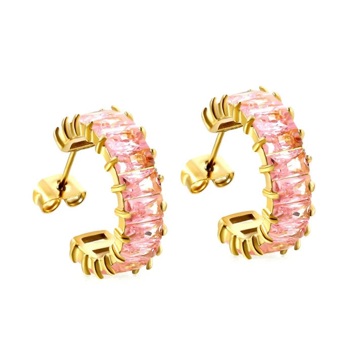 Stainless Steel Gold Color PVD C Shaped Rectangular Pink Zircon With Double Prong Setting Earrings