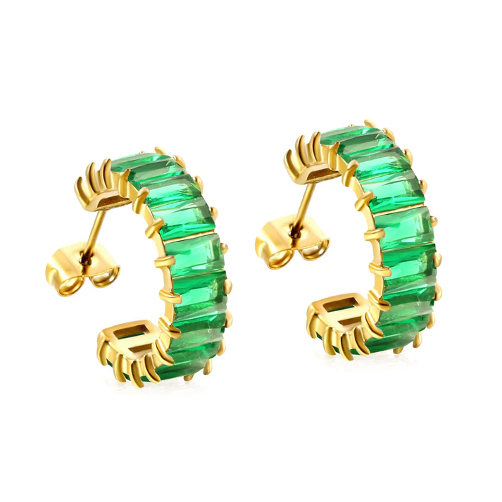 Stainless Steel Gold Color PVD C Shape With Two Catch Baguette Green Diamond Stud Earrings