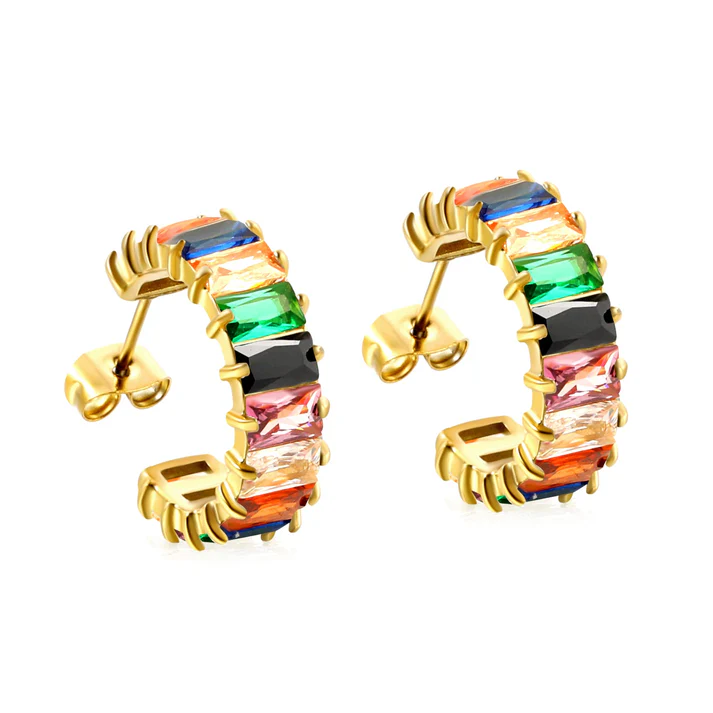 Tresoli Stainless Steel Gold Color PVD C Shape With Two Catch Baguette Mixed Diamond Stud Earrings