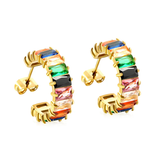 Tresoli Stainless Steel Gold Color PVD C Shape With Two Catch Baguette Mixed Diamond Stud Earrings