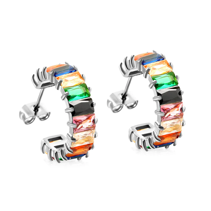 Stainless Steel Color PVD C Shape With Two Catch Baguette Mixed Diamond Stud Earrings