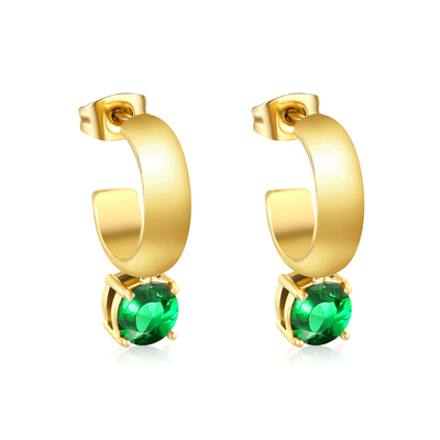 Tresoli Stainless Steel Gold Color PVD C Shaped Hoop With Four Scratches Round Green Diamond Stud Earrings