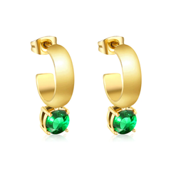 Tresoli Stainless Steel Gold Color PVD C Shaped Hoop With Four Scratches Round Green Diamond Stud Earrings